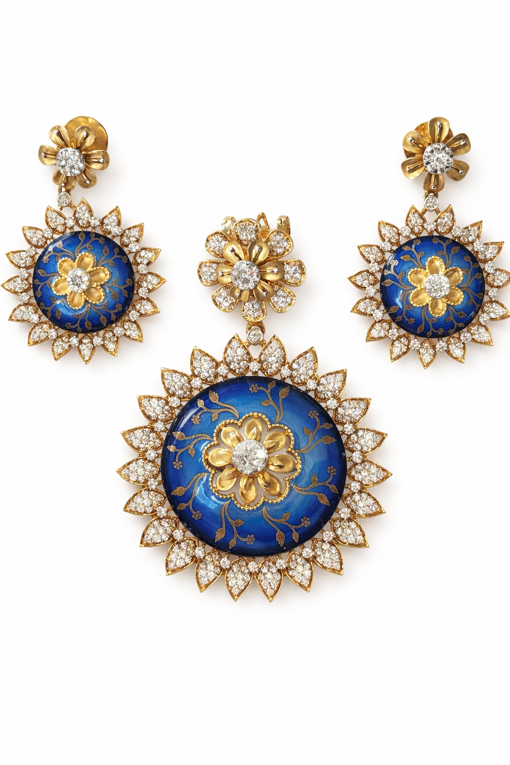 14K Yellow Gold Diamond & Blue Enamel Floral Jewelry Set