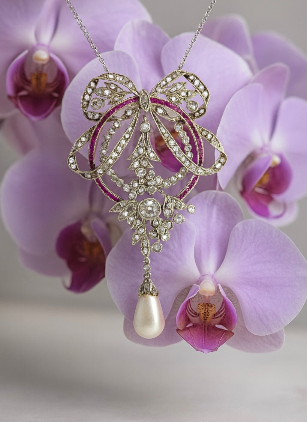 Antique Edwardian 14K Gold Diamond, Ruby & Pearl Bow Necklace