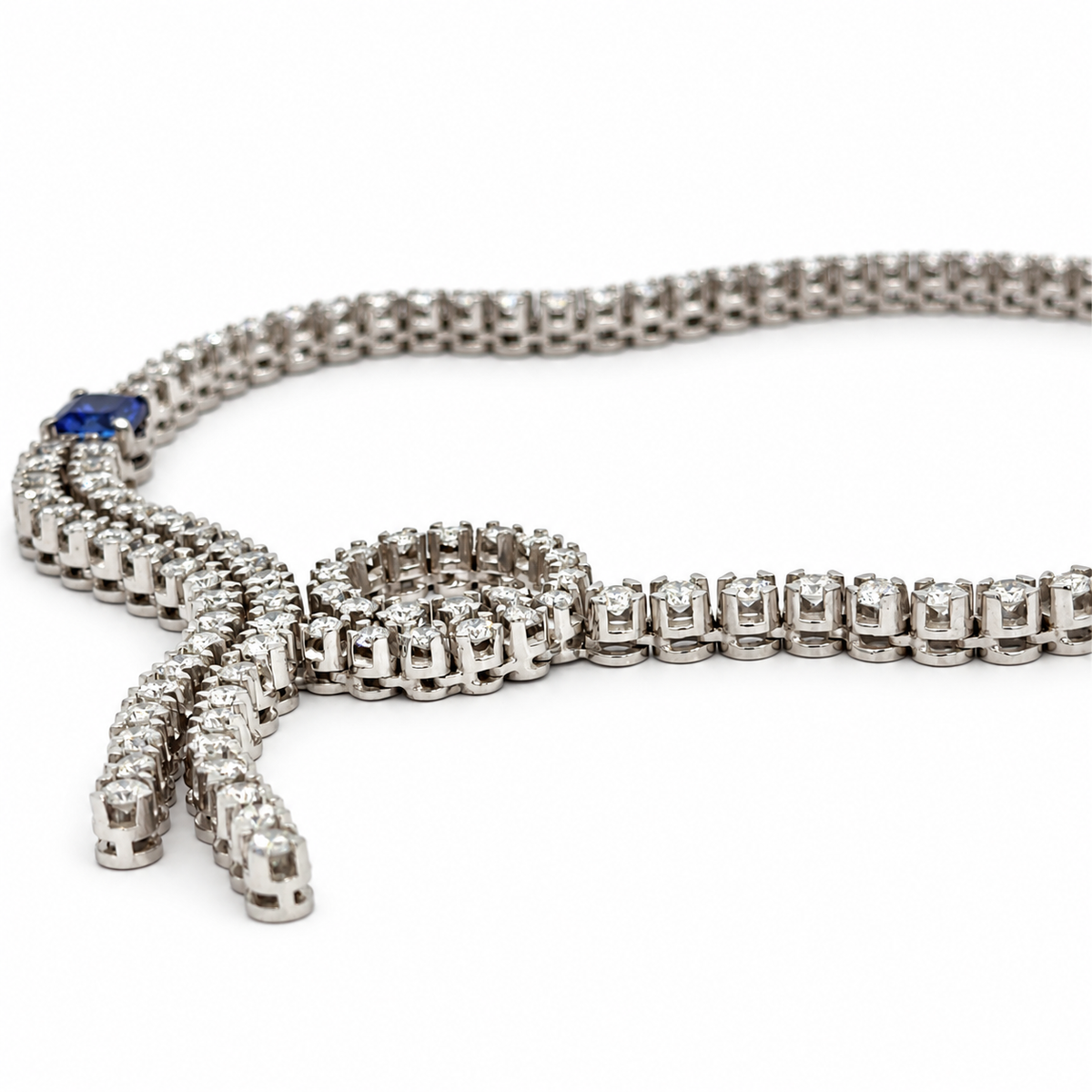 18K White Gold Diamond & Tanzanite Necklace — 11.75 CT Diamonds with Asymmetric Loop & Double Drop