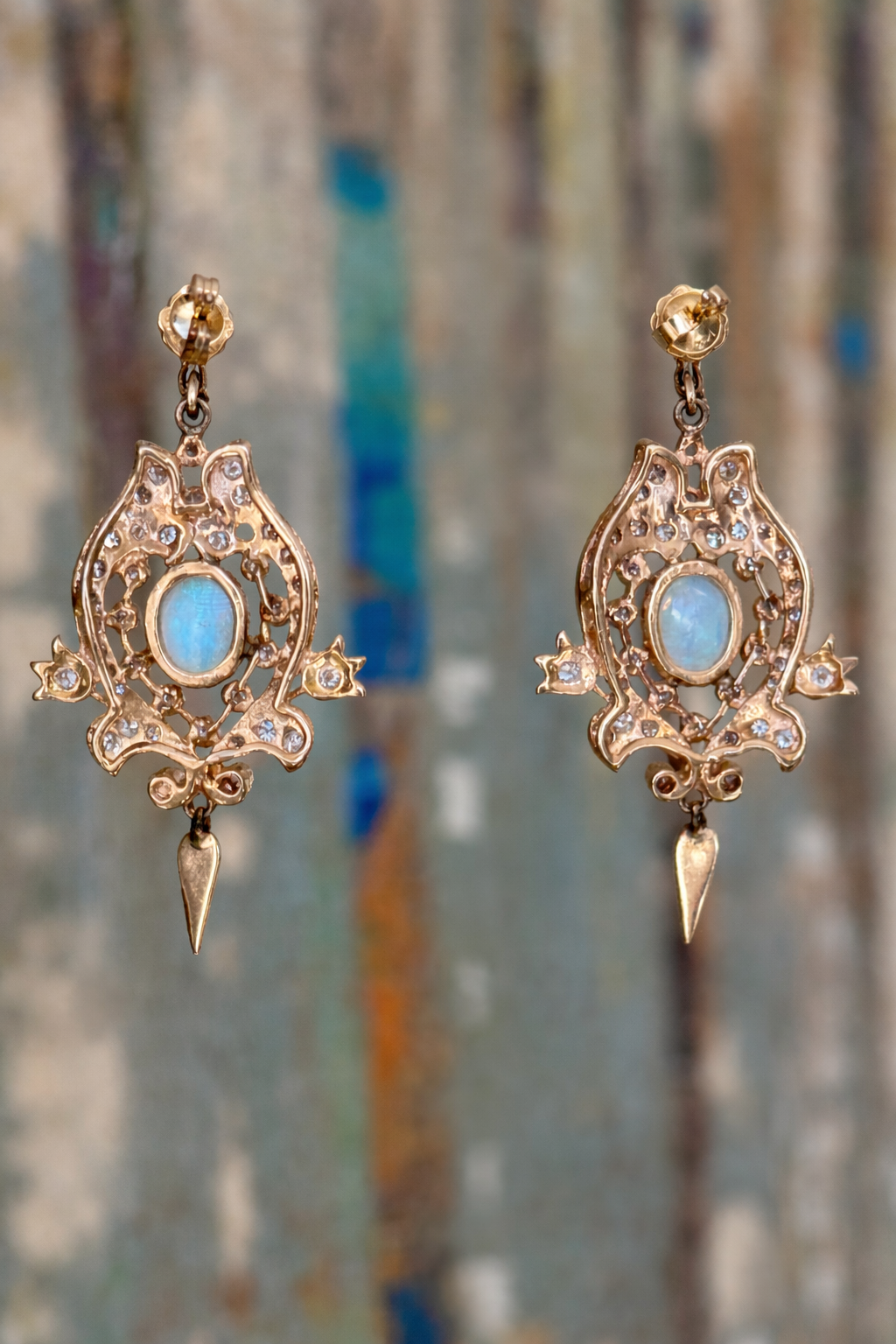 Ornate Vintage Opal and Diamond Earrings in 14K Gold