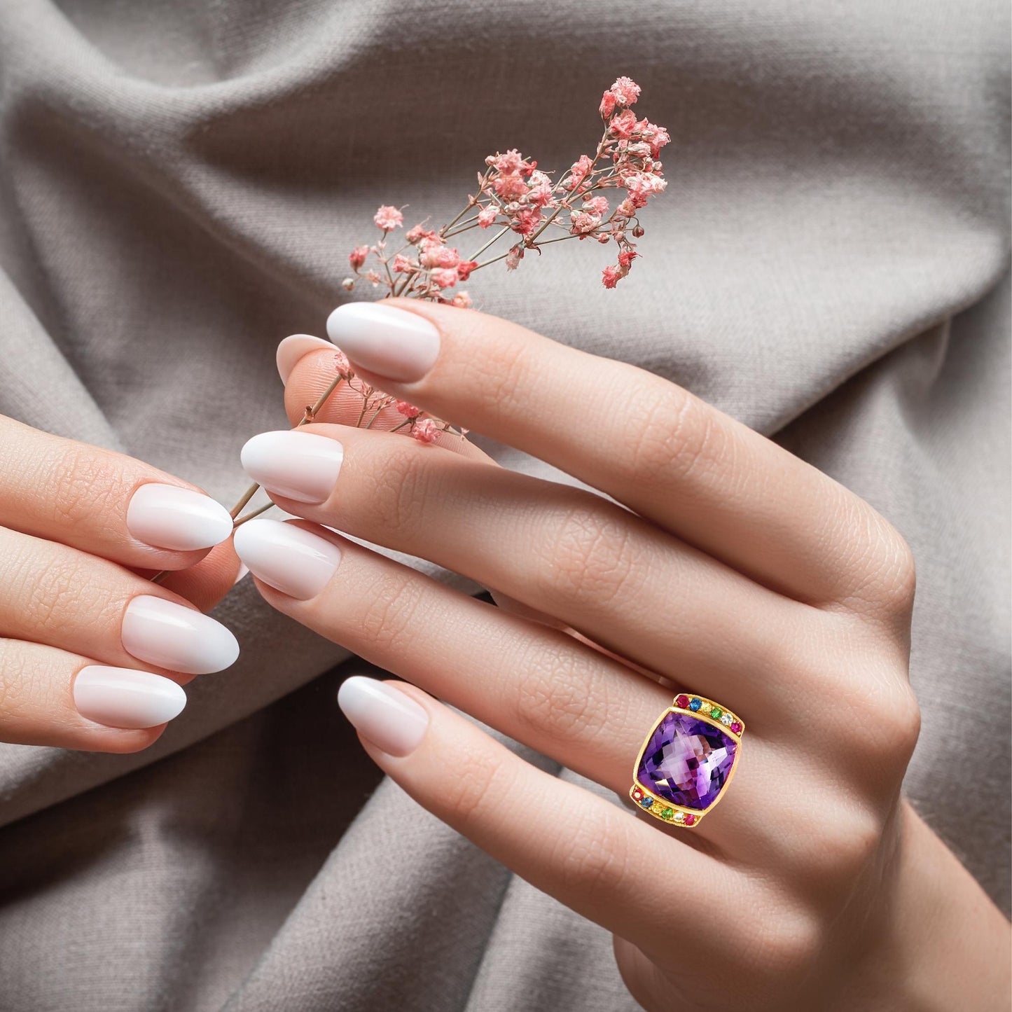 14K Rose Gold Amethyst Checkerboard Cut & Multi-Gemstone Wide Band Ring