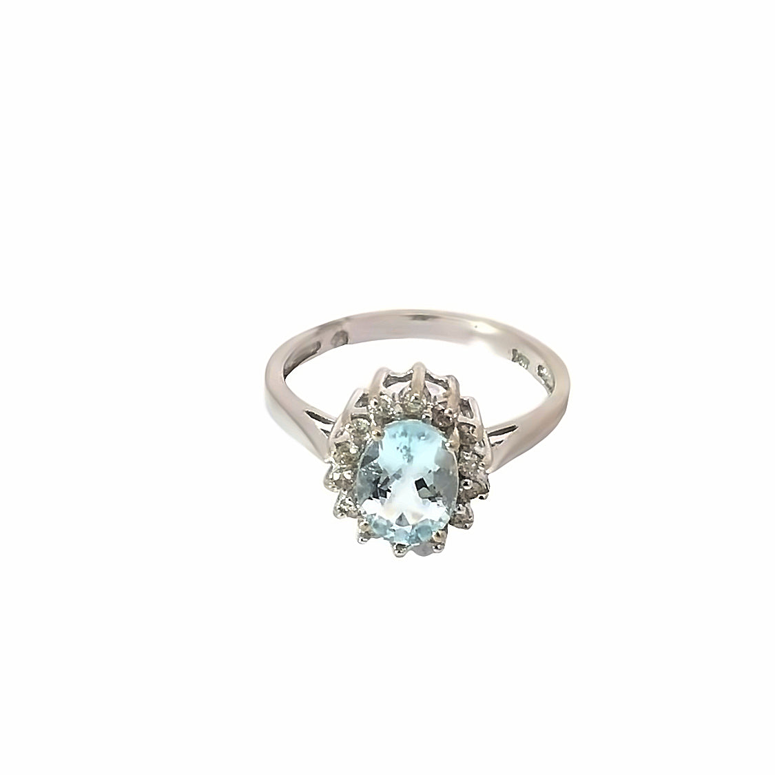 Ladies 14K Oval Aquamarine and Halo Diamond Ring