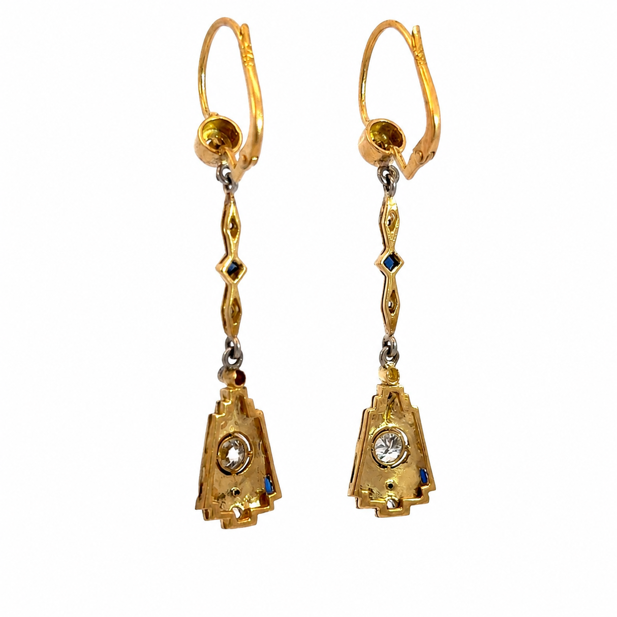 Antique Art Deco 18K Two-Tone Gold Sapphire & Diamond Filigree Drop Earrings