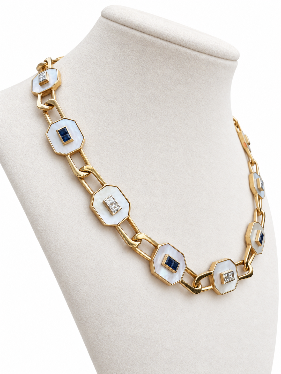 14K Yellow Gold Mother-of-Pearl, Diamond & Sapphire Convertible Necklace — Long Strand, Double Strand or Two Separate Necklaces