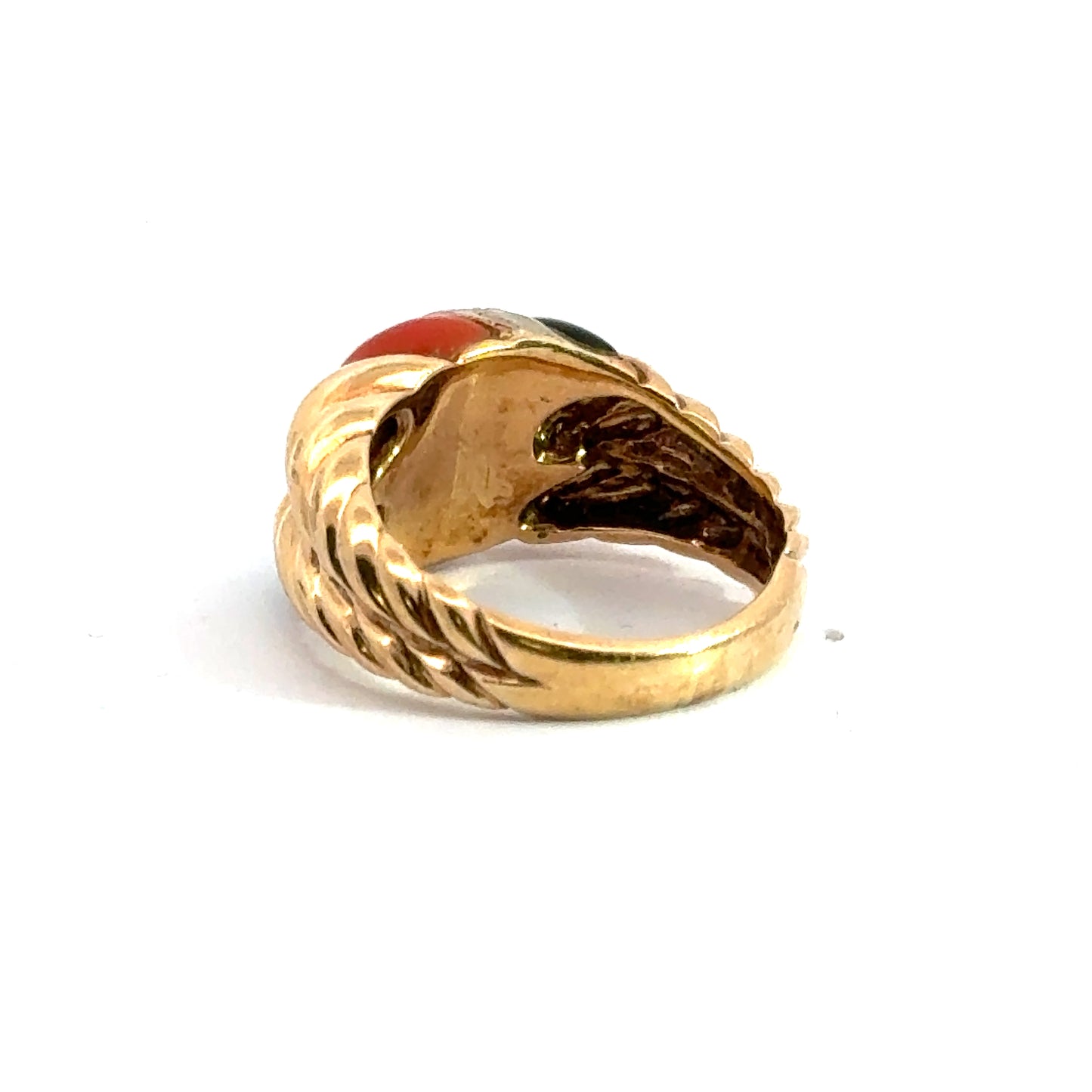 Unique 14K Yellow Gold Coral, Onyx & Diamond Ring