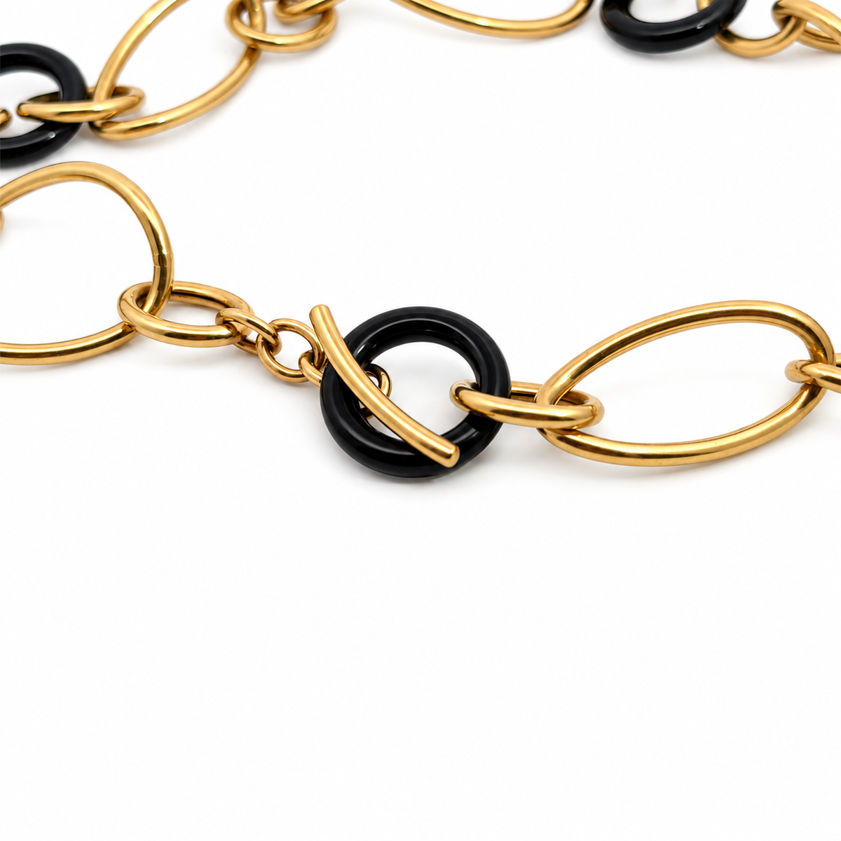 Italian 18K Yellow Gold & Black Onyx Sculptural Link Necklace — 20 Inches