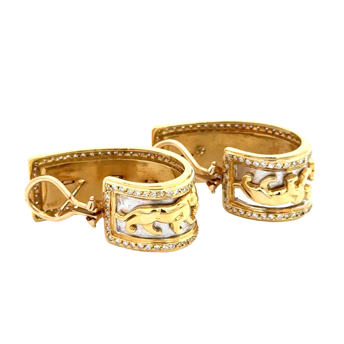1970’s 18K Gold Panther Hoop Earrings with Diamond Borders