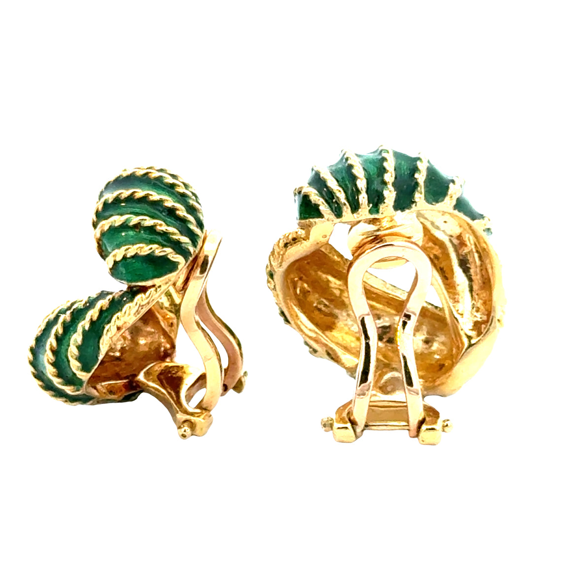 18K Yellow Gold Green Enamel Twisted Rope Clip-On Earrings