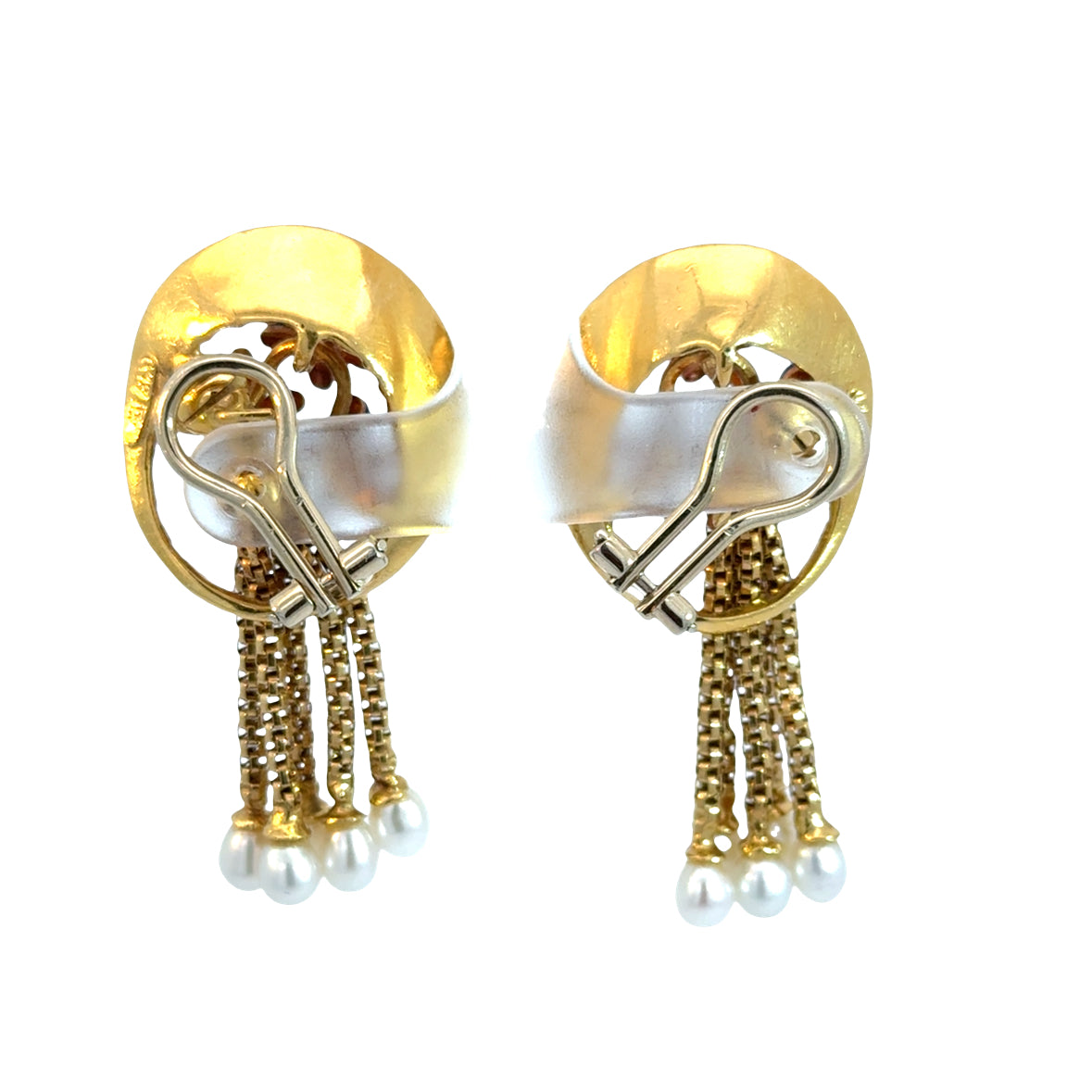 Antique 18K Gold Retro Earrings with Blue Enamel Flowers, Diamonds & Fresh-Water Pearl Tassels