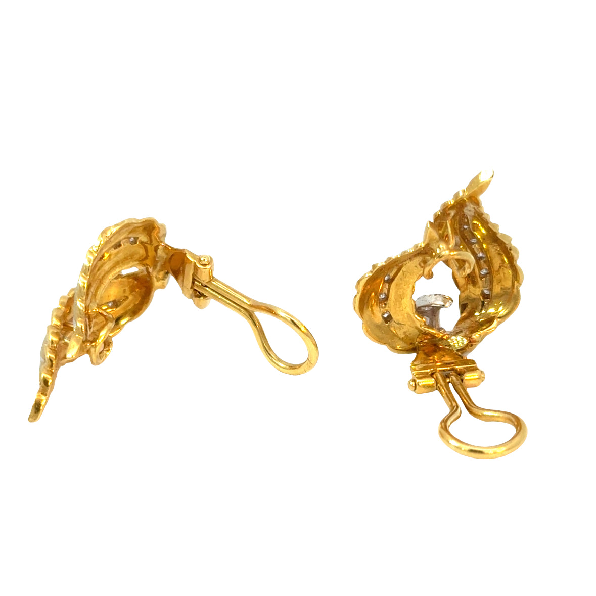 18K Yellow Gold Textured Diamond Leaf Clip-On Earrings | 1960s Vintage