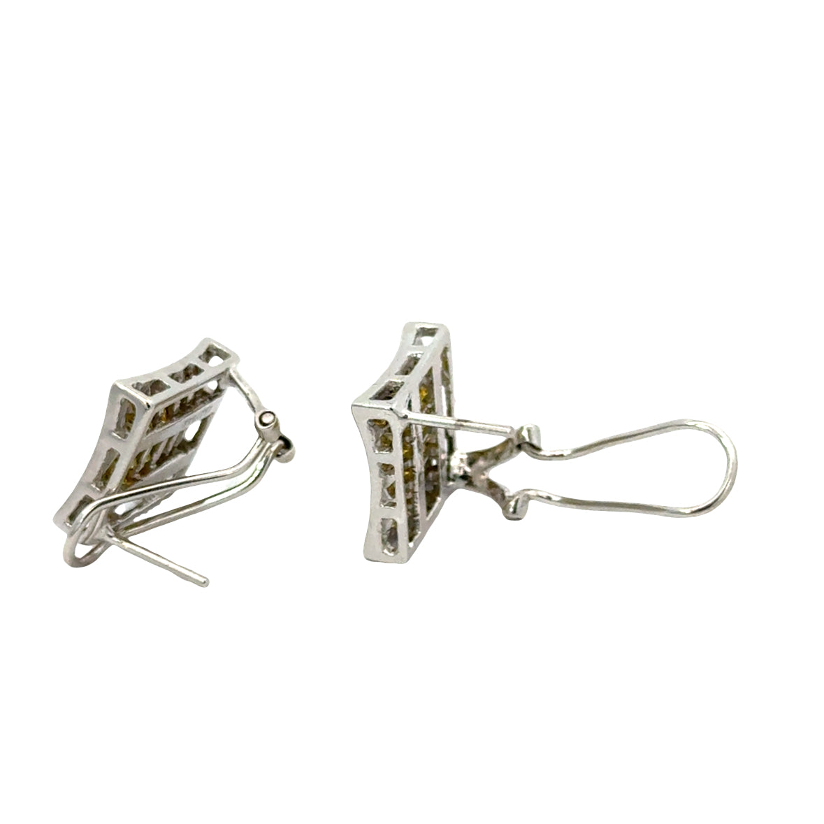 14K White Gold Square Yellow Diamond Cluster Earrings