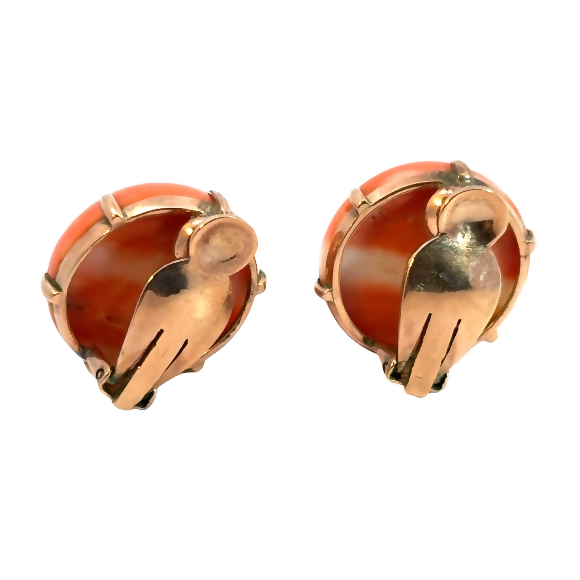 Vintage Yellow Gold Round Coral Clip-On Earrings