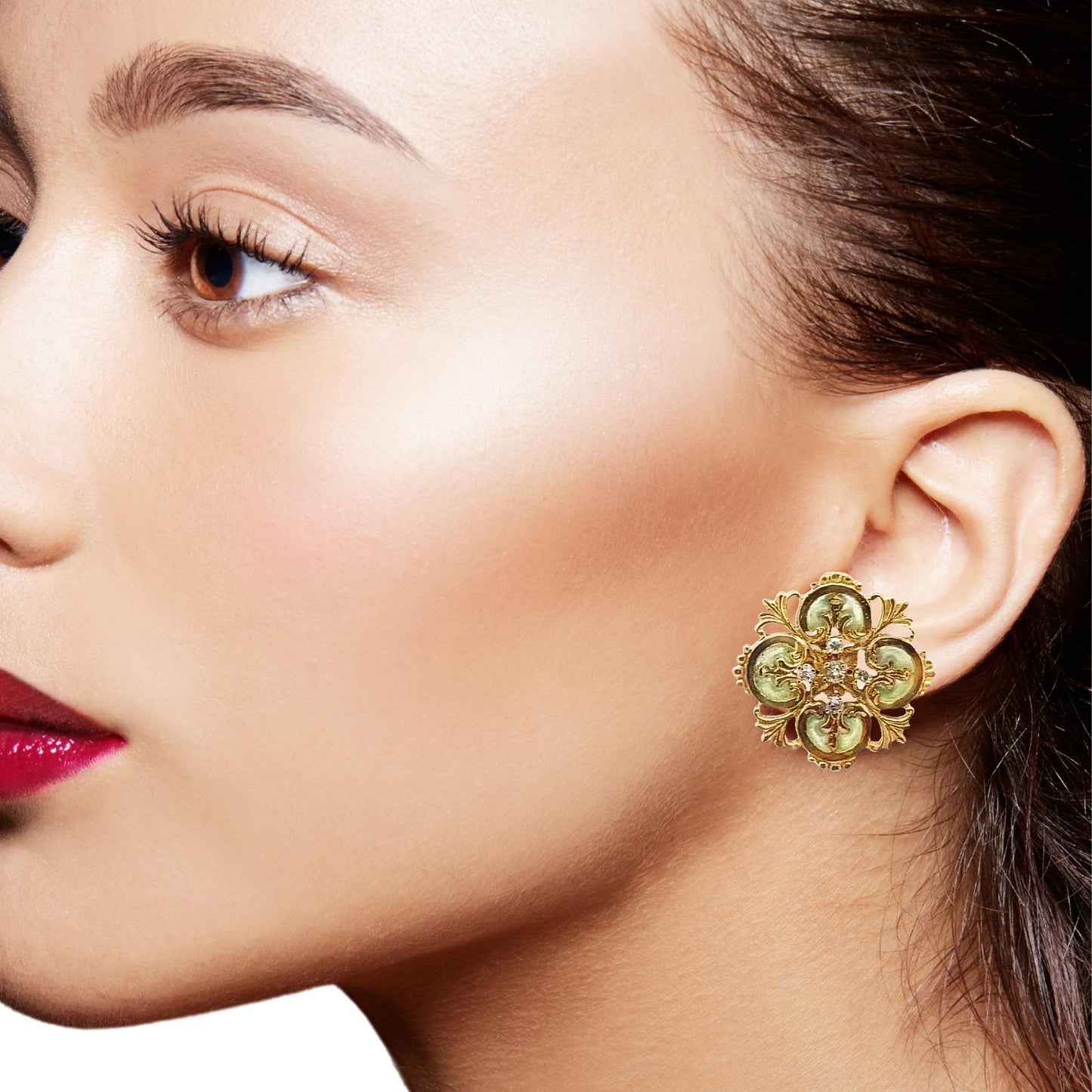 1940's Vintage Floral 14K Yellow Gold Green Enamel & Diamond Earrings