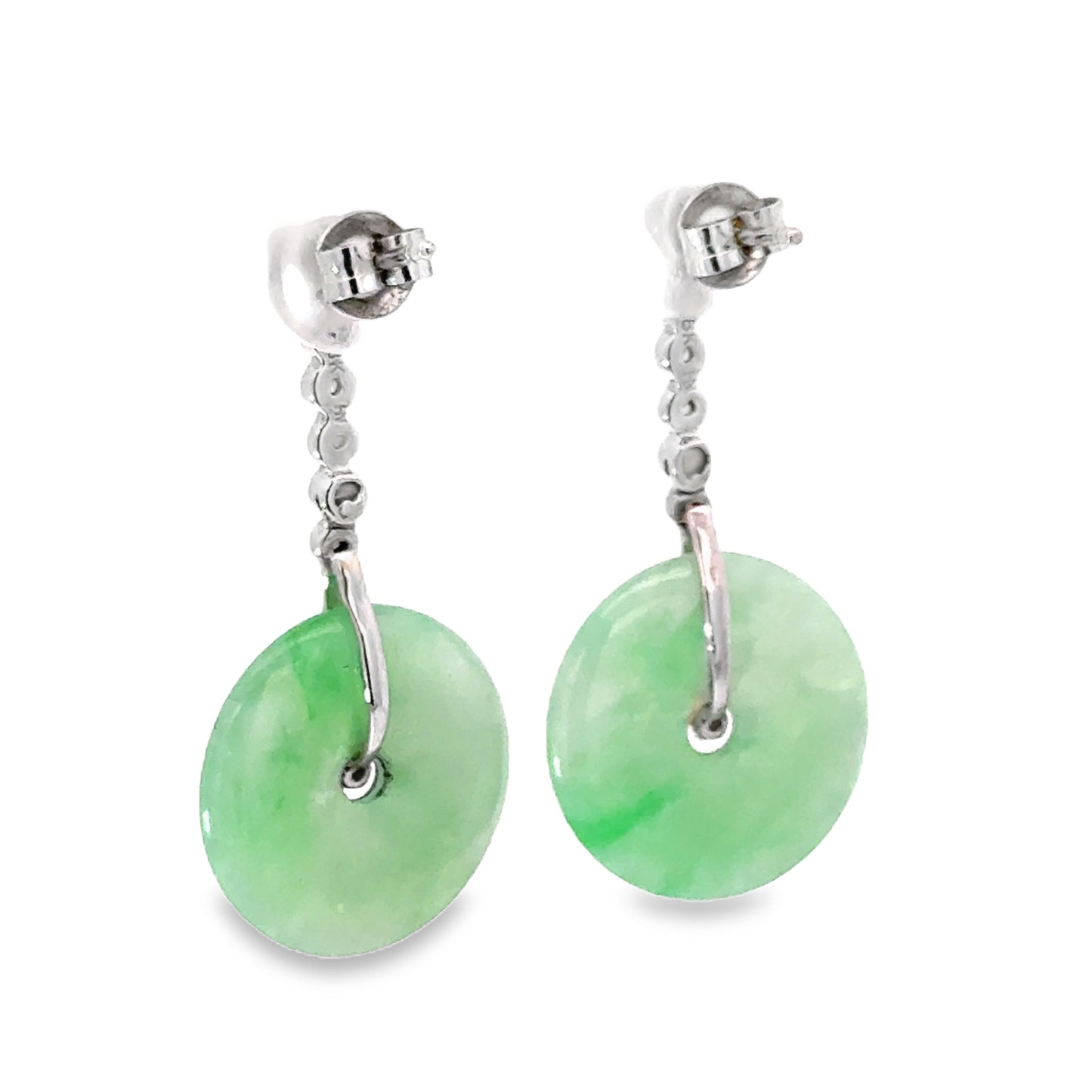 18K White Gold Dangling Jade Disc Earrings, Diamond Accents