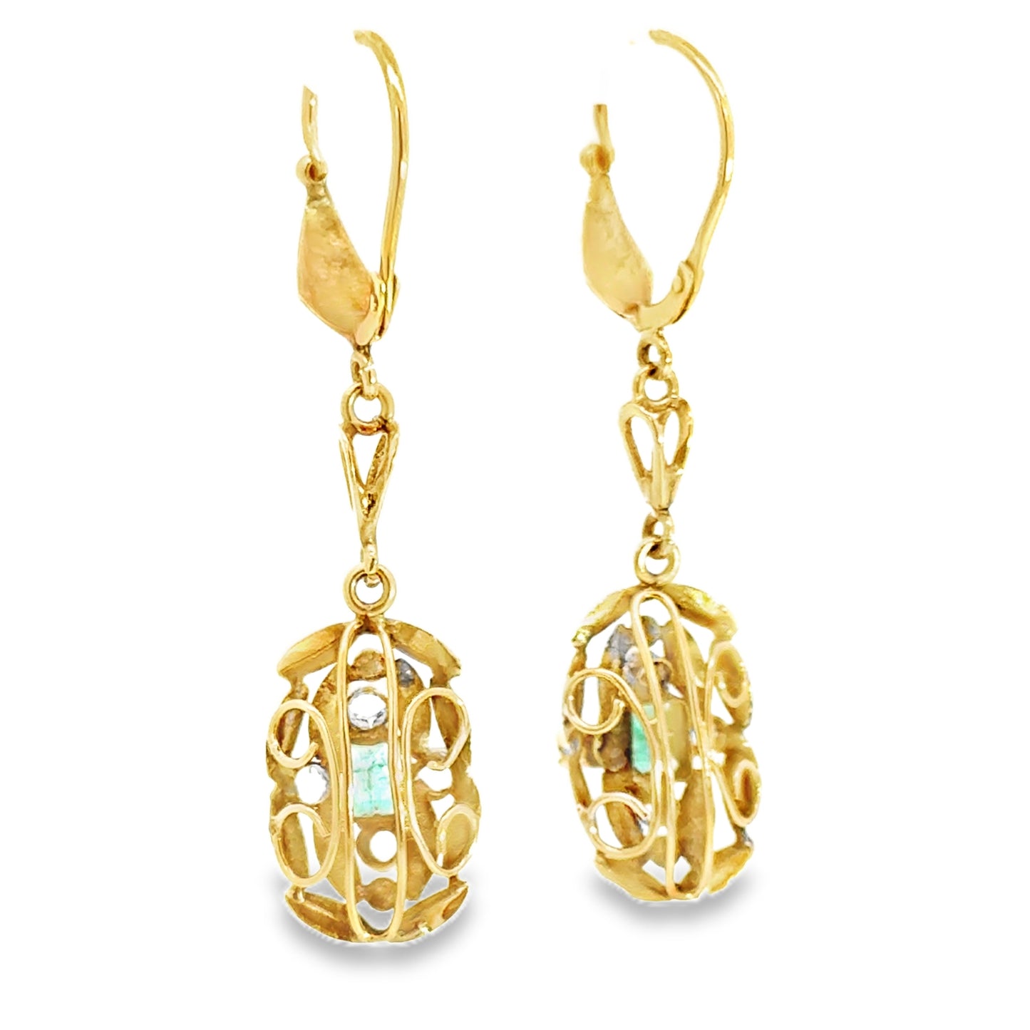 Antique 18K Yellow Gold Emerald & CZ Dangle Earrings