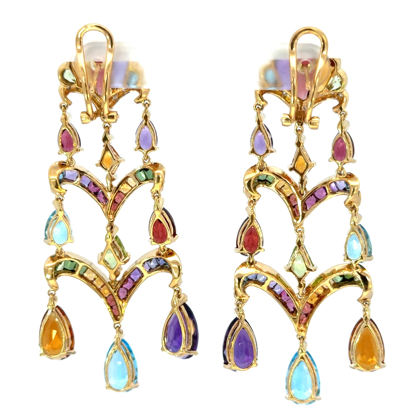 18K Yellow Gold Multicolor Tourmaline & Diamond French-Clip Chandelier Earrings