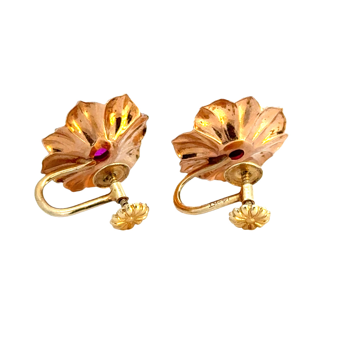 Vintage Retro 14K Yellow Gold Ruby Flower Earrings – Screw Back