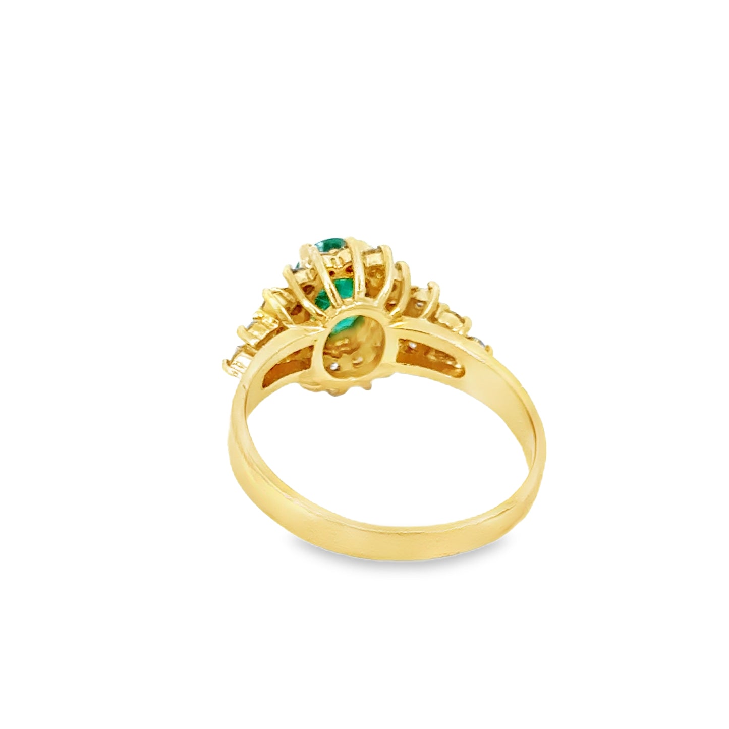 14K Yellow Gold Classic Oval Emerald Ring with Diamond Halo and Side Clusters