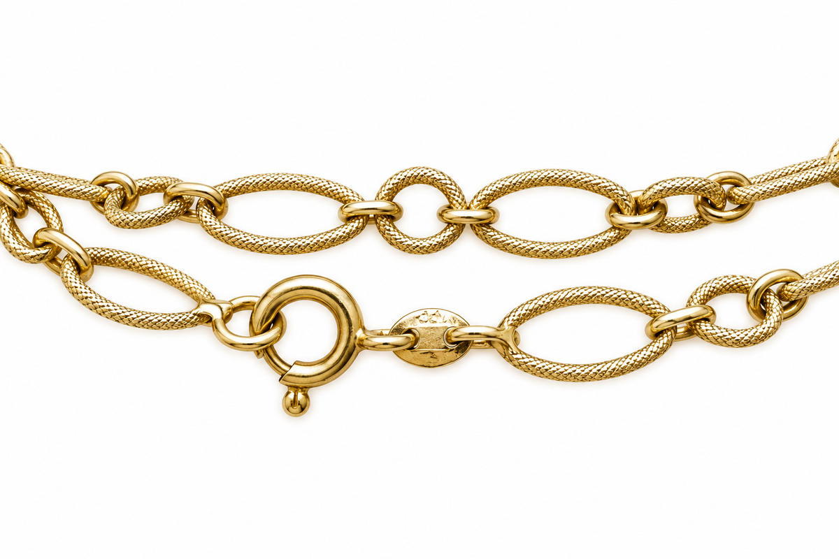 Vintage 1950s 18K Yellow Gold Textured Round & Oval Link Necklace — 40″ Long or Doubled