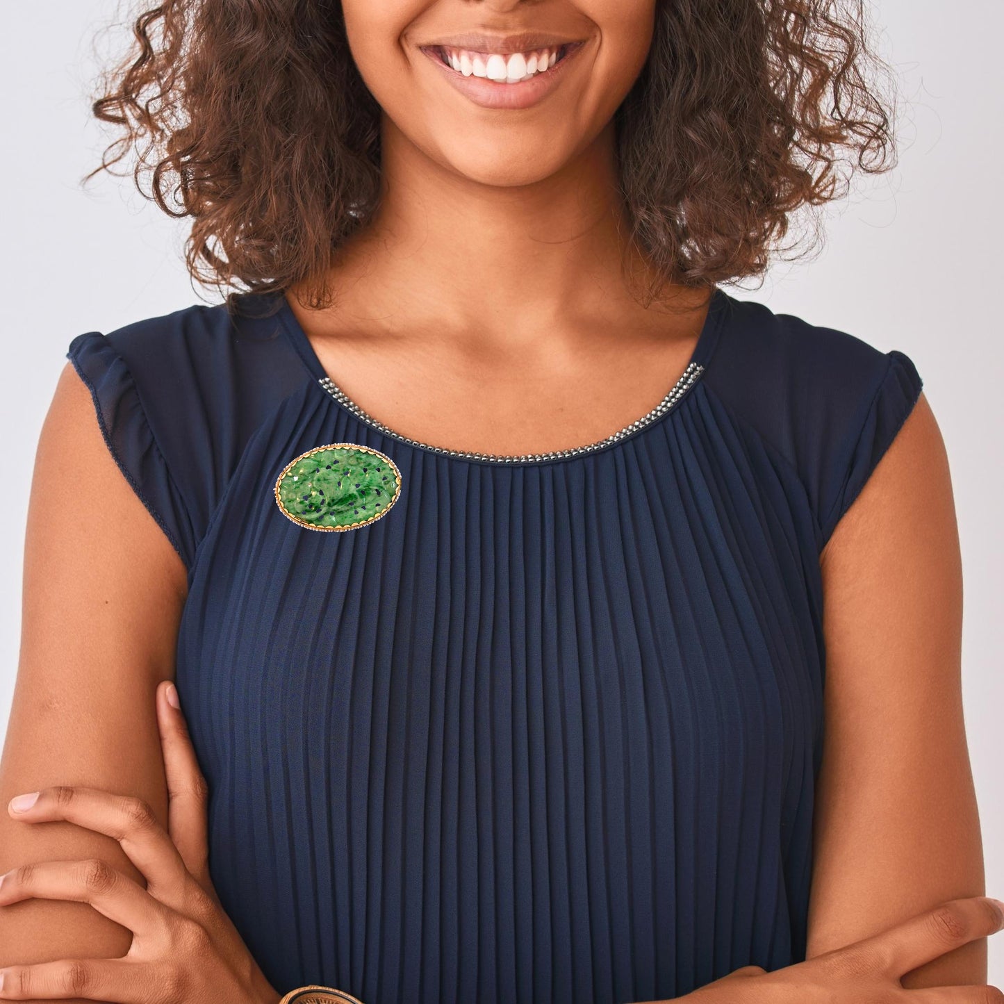 14K Yellow Gold Antique 1930’s Carved Jade & Seed Pearl Brooch