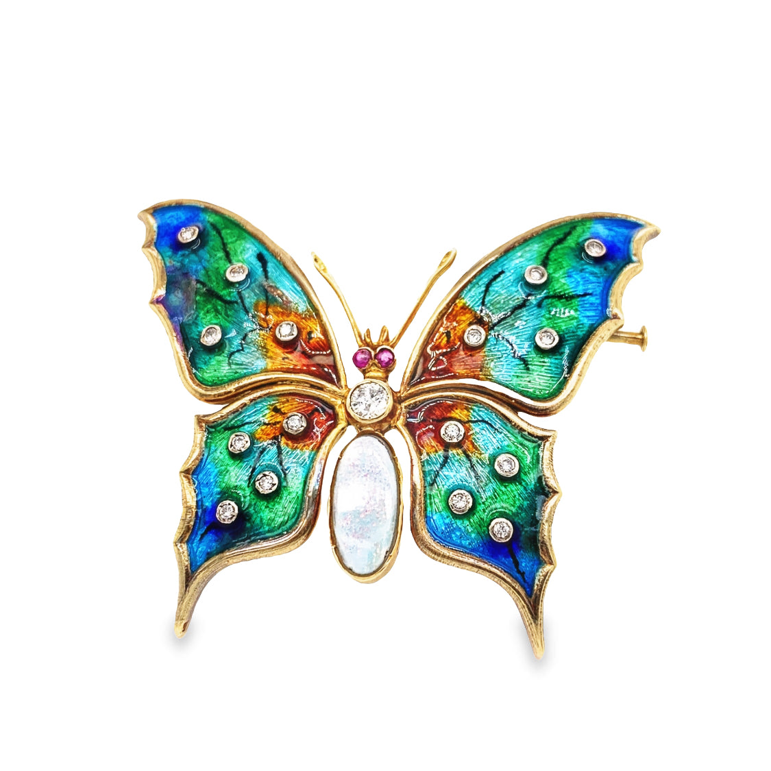 Beautiful 14K Enamel, Opal, and Ruby Butterfly Brooch