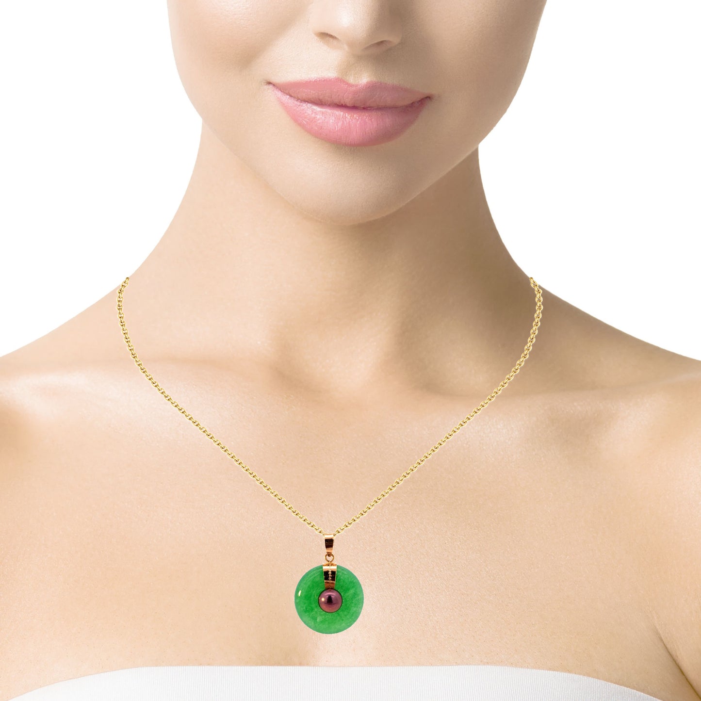 14K Yellow Gold Unique Green Jade Disc with Black Pearl