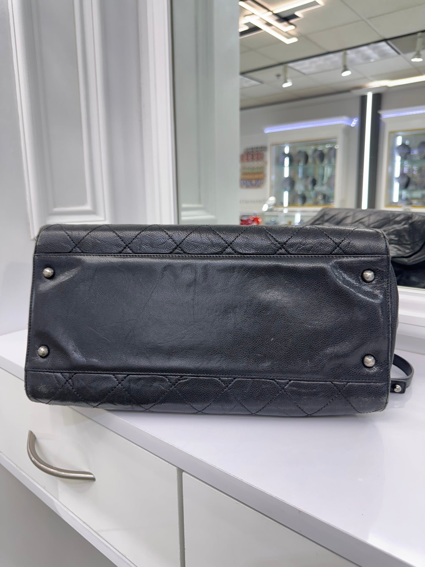 Chanel Large Quilted Caviar Leather Tote with Chain & Top Handles – Black / Burgundy Interior