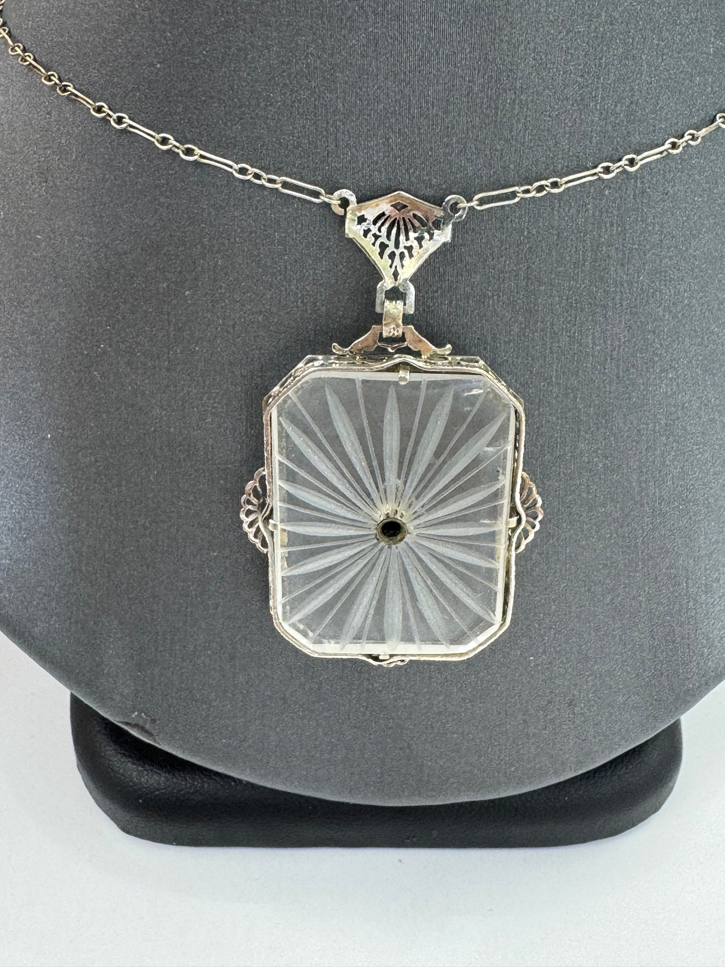 Antique Art Deco 14K White Gold, Diamond & Etched Rock Crystal Pendant Necklace