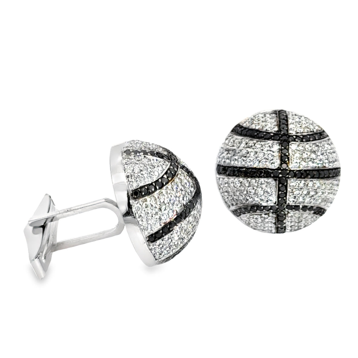 14K White Gold Black & White Diamond Basket Ball Cuff Links