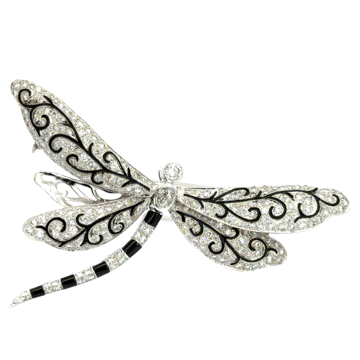 Exquisite 18K White Gold Diamond & Enamel Dragonfly Brooch
