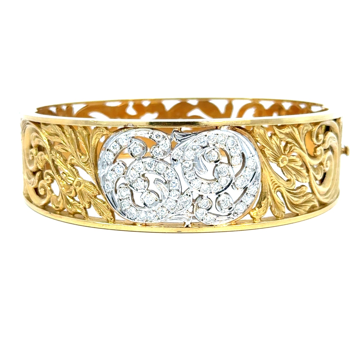 Luxury 18K Yellow & White Gold Diamond Scrollwork Bangle
