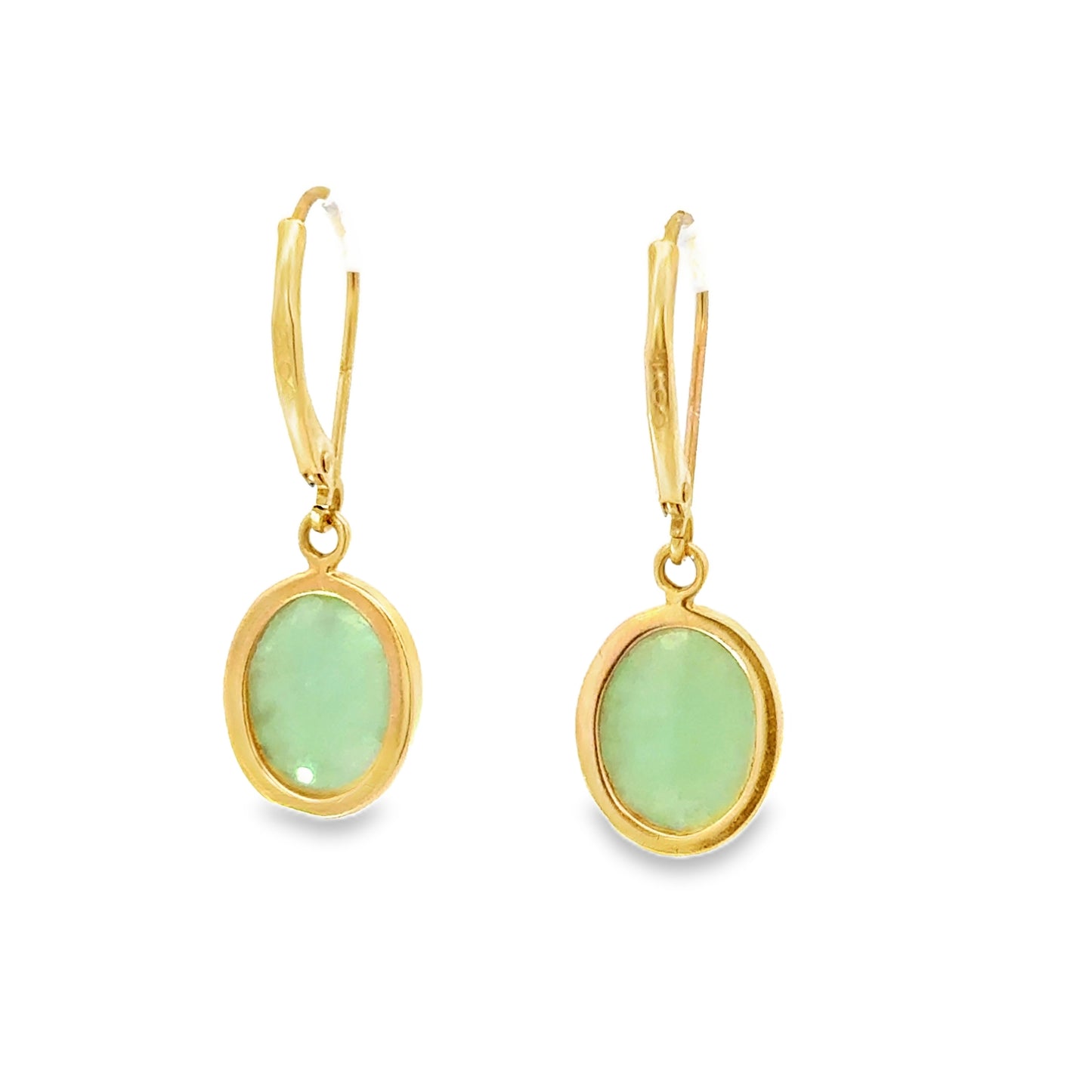 14K Yellow Gold Oval Green Jade Drop Earrings