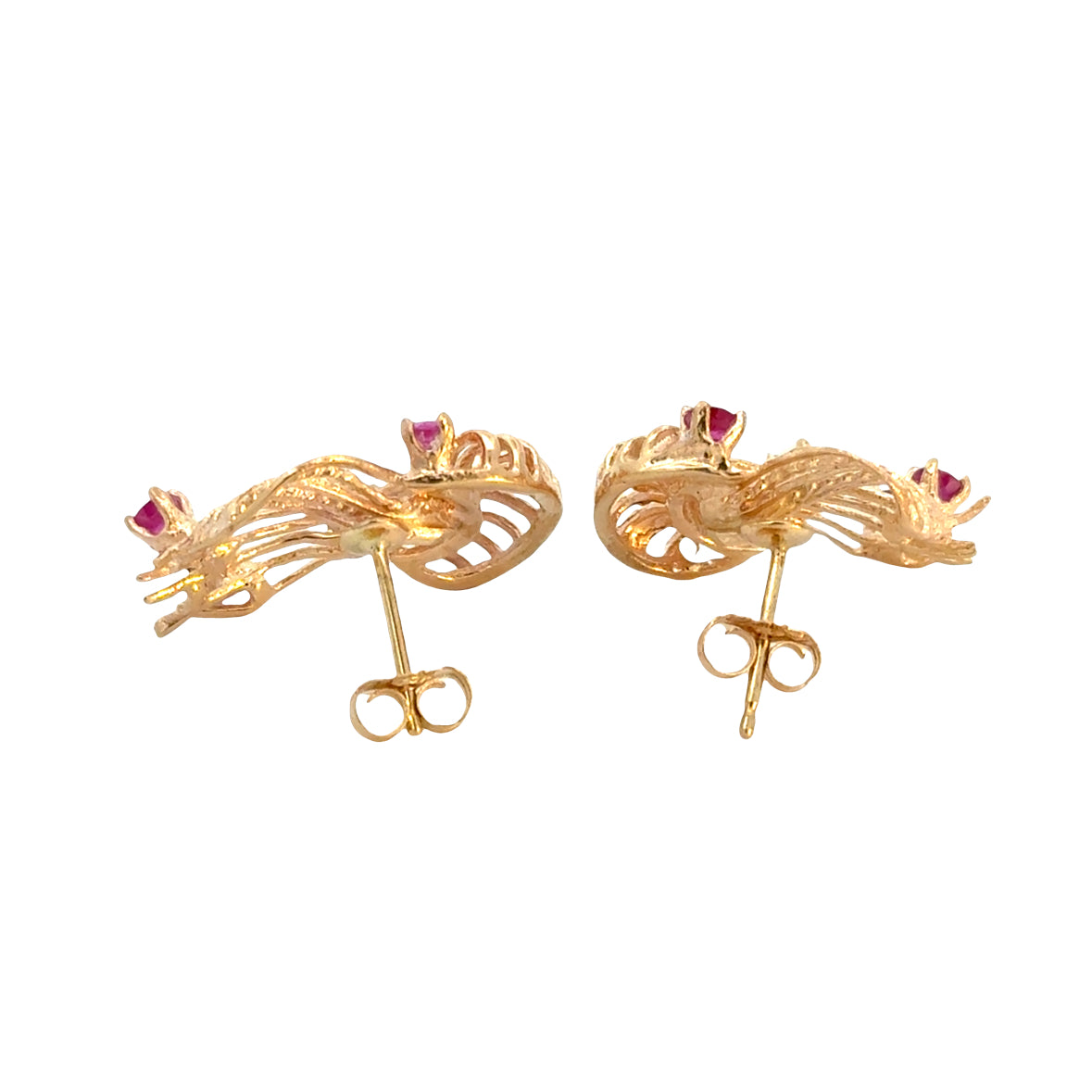 Mid-Century Ruby and Pearl Swirl Earrings in Yellow Gold