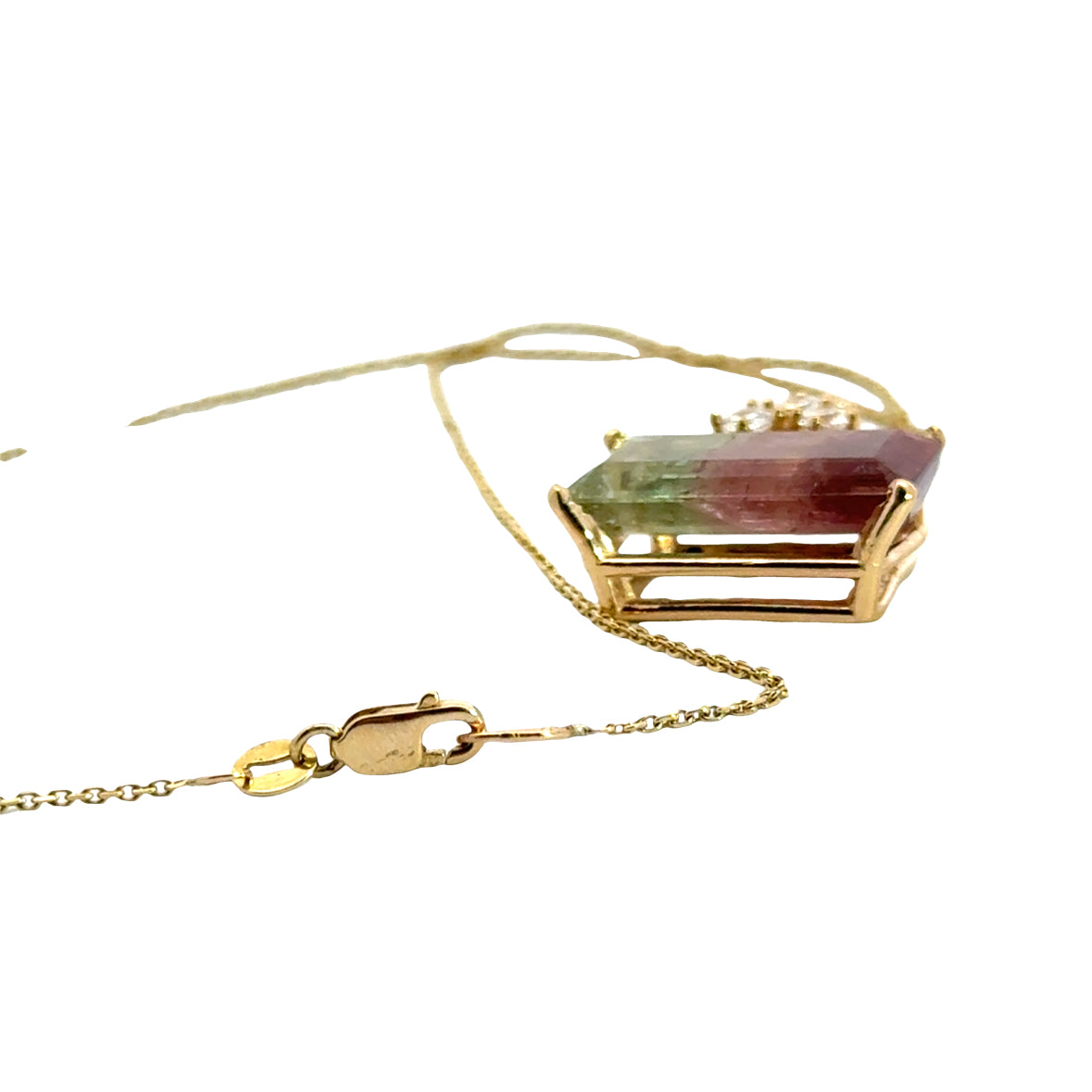 14K Gold Natural Bi-Color Tourmaline Pendant with Diamond Accent
