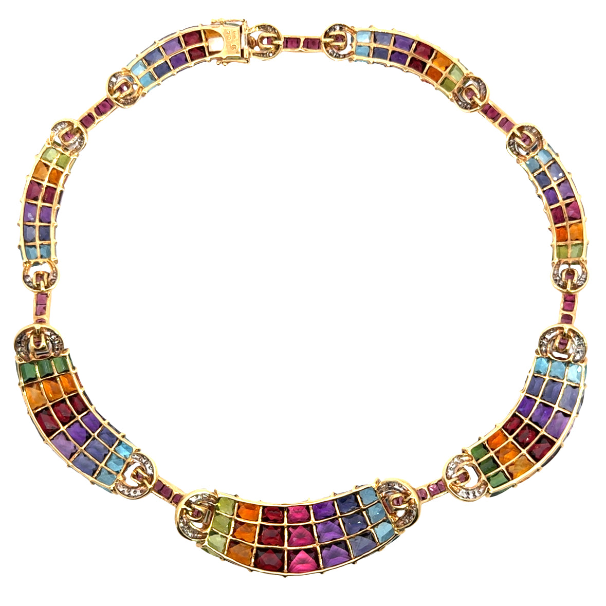 Luxury 18K Gold Rainbow Gemstone Necklace with Diamonds – 70CT Natural Stones, 16”
