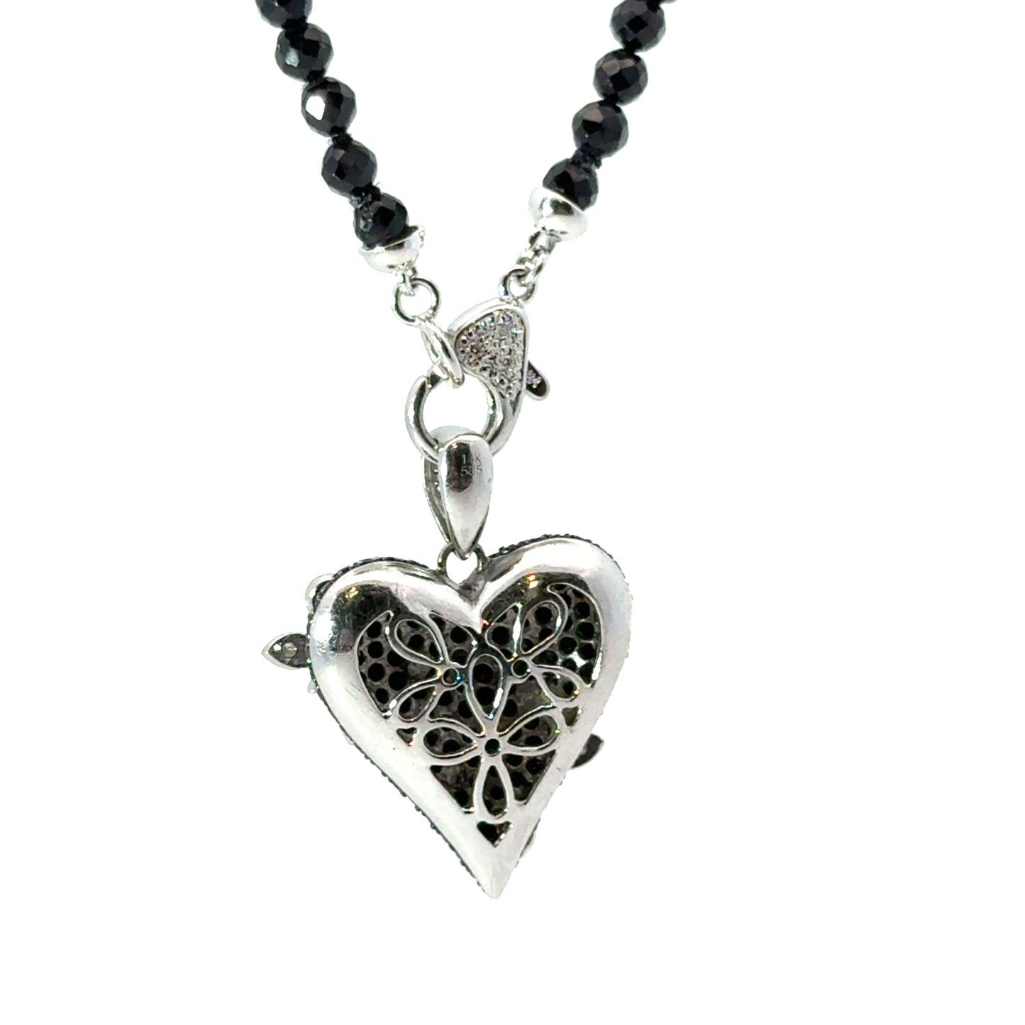 14K White Gold Black Diamond Heart Necklace with Garnet Bead Chain
