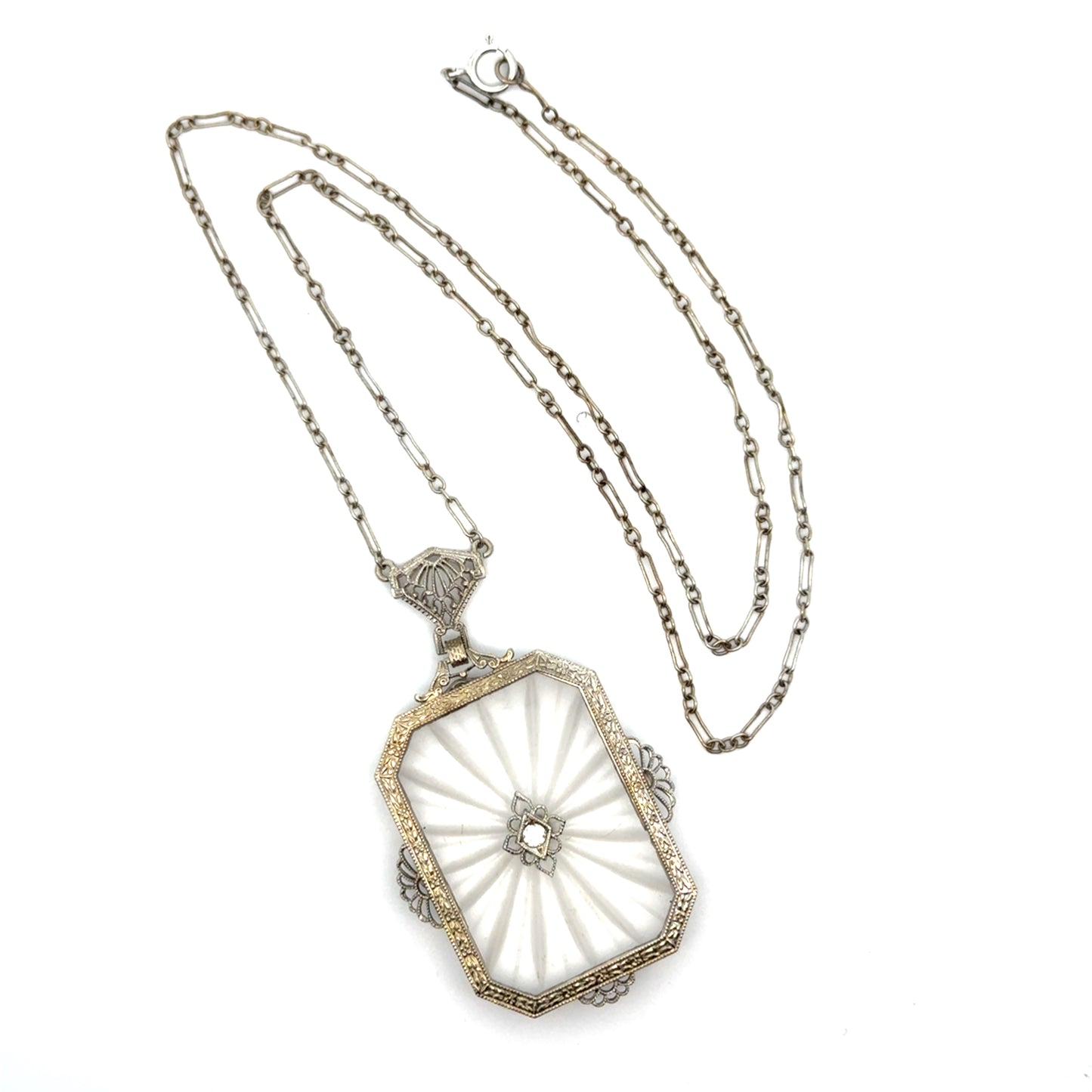 Antique Art Deco 14K White Gold, Diamond & Etched Rock Crystal Pendant Necklace
