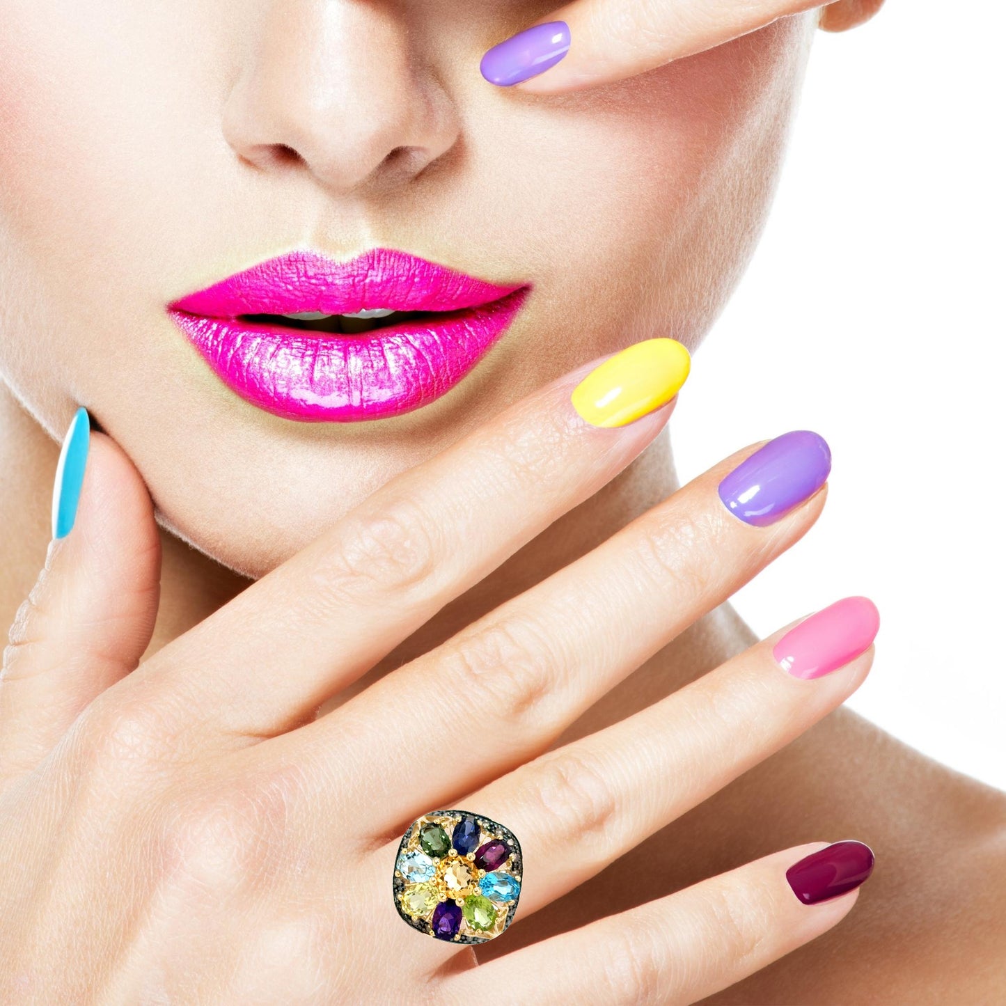 14K Yellow Gold Floral Cocktail Ring with Multi-Color Gemstones & Diamonds