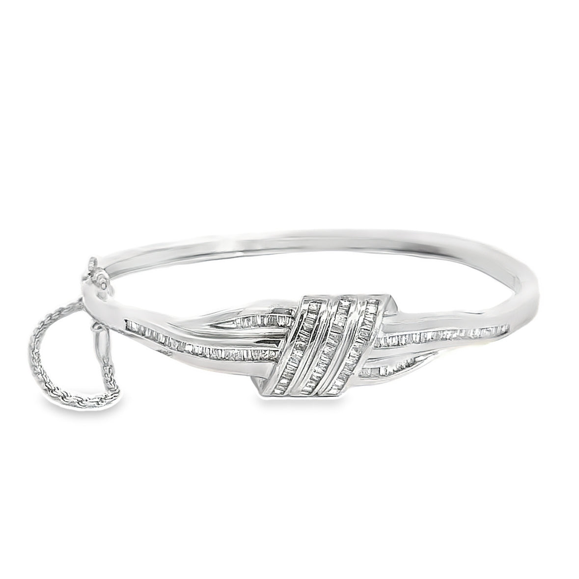 14K White Gold Twist & Diamond Bangle