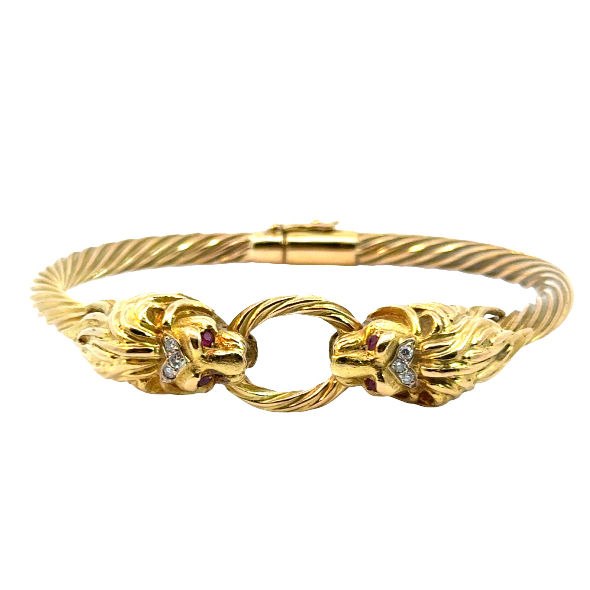 18K Gold Lion Head Bangle Bracelet with Ruby Eyes and Diamond Crown