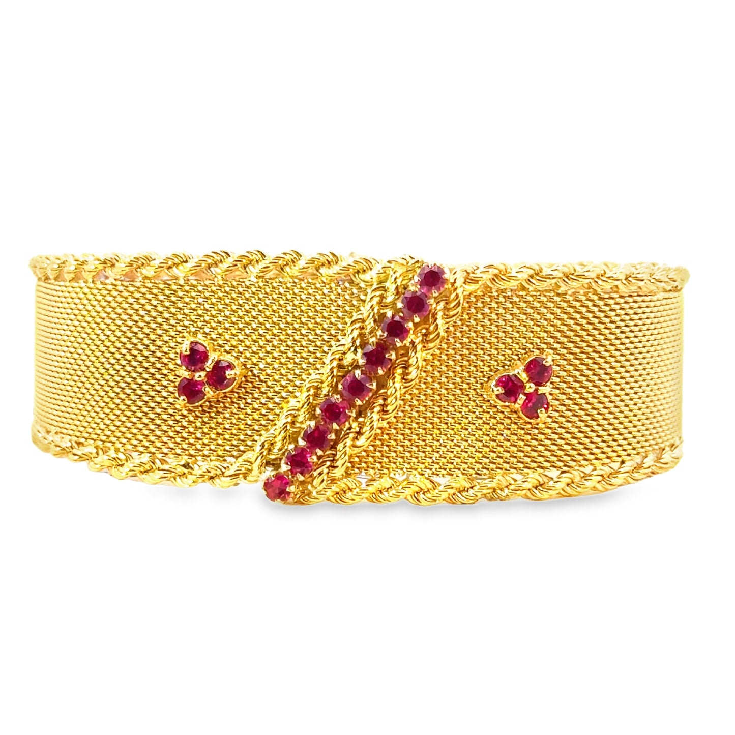 Vintage 18K Yellow Gold Ruby Mesh Bracelet with Rope Edges