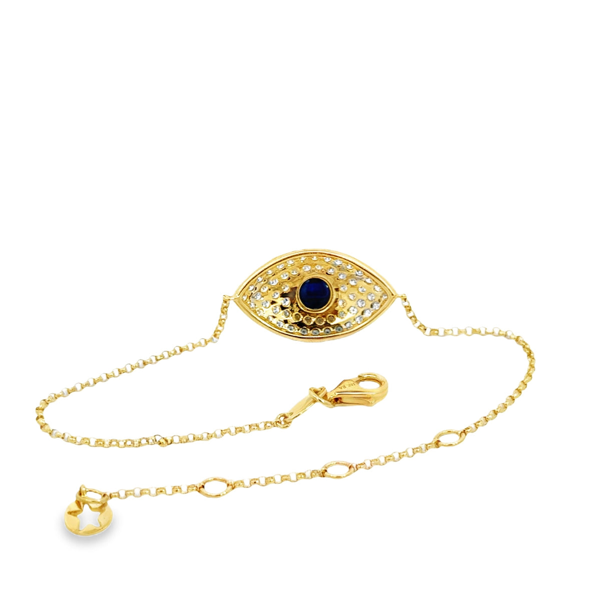 18K Yellow Gold Evil Eye Bracelet, Diamonds & Sapphire, Adjustable