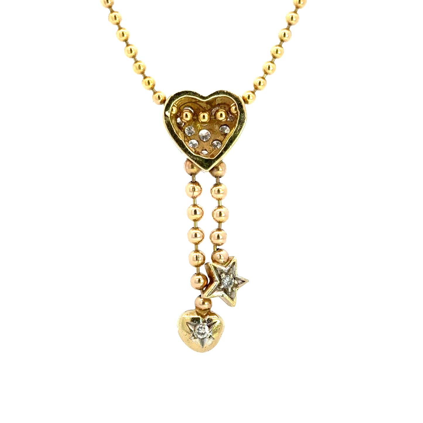 14K Yellow Gold Diamond Hearts & Stars Drop Necklace