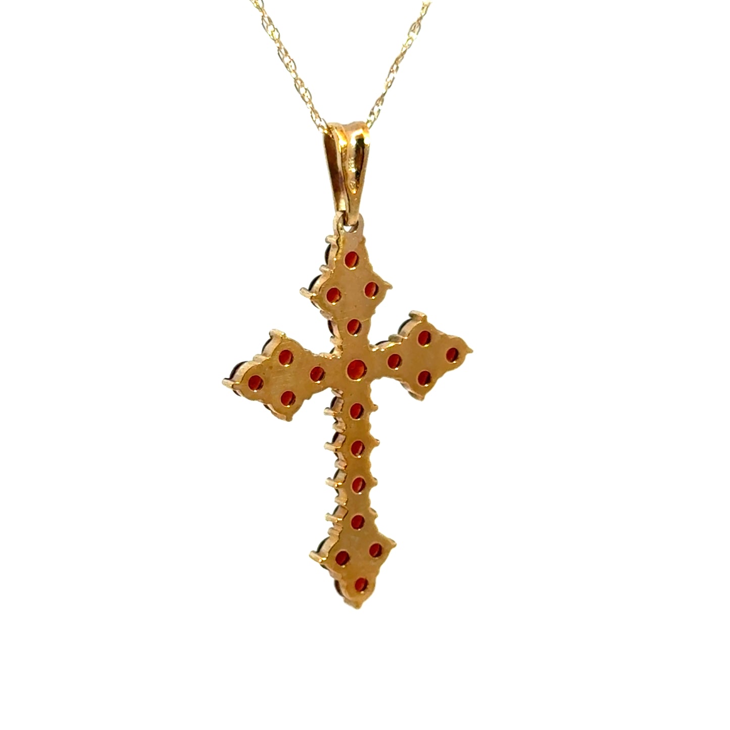 14K Yellow Gold Garnet Cross Pendant – Elegant Deep Red Gemstones