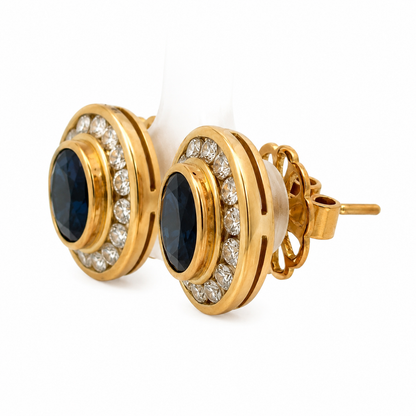 Dark Sapphire & Diamond Vintage Earrings in 18K Yellow Gold