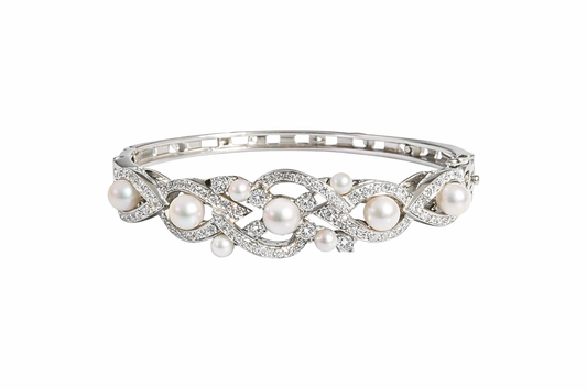 1930s Art Deco 14K White Gold Pearl & Diamond Bangle