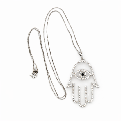 18K White Gold Pave Diamond Hamsa with Box Chain