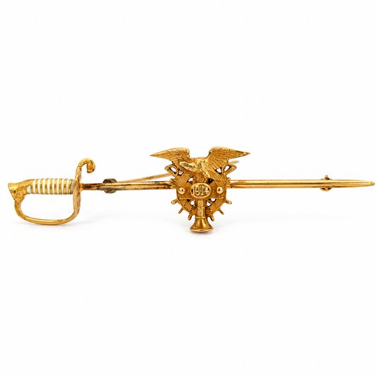 14K Yellow Gold & White Enamel Sword Brooch with 1914 Naval Academy Emblem