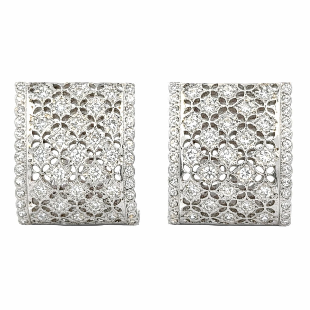 Vintage 1980s 18K White Gold Diamond Lattice Hoop Earrings