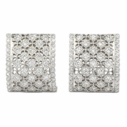 Vintage 1980s 18K White Gold Diamond Lattice Hoop Earrings